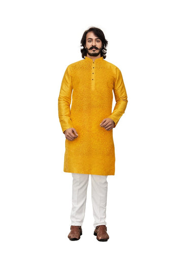 Yellow Silk Mens Kurta Pajama Indian Wedding Party Wear Embroidery Kurtas