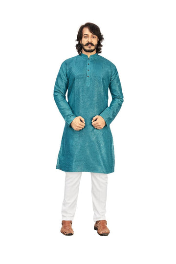 Sky Blue Silk Mens Kurta Pajama Indian Wedding Party Wear Embroidery Kurtas