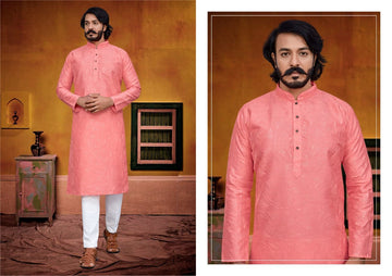 Peach  Silk Mens Kurta Pajama Indian Wedding Party Wear Embroidery Kurtas