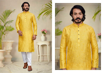 Yellow Silk Mens Kurta Pajama Indian Wedding Party Wear Embroidery Kurtas