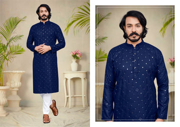 Blue Silk Mens Kurta Pajama Indian Wedding Party Wear Embroidery Kurtas