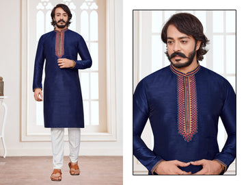 Blue Silk Mens Kurta Pajama Indian Wedding Party Wear Embroidery Kurtas