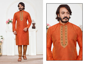 Orange Silk Mens Kurta Pajama Indian Wedding Party Wear Embroidery Kurtas