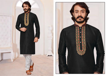 Black Silk Mens Kurta Pajama Indian Wedding Party Wear Embroidery Kurtas