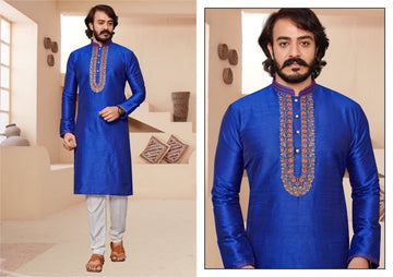 Blue Silk Mens Kurta Pajama Indian Wedding Party Wear Embroidery Kurtas