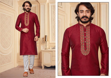 Red  Silk Mens Kurta Pajama Indian Wedding Party Wear Embroidery Kurtas