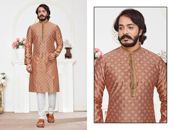 Coffee Silk Mens Kurta Pajama Indian Wedding Party Wear Embroidery Kurtas