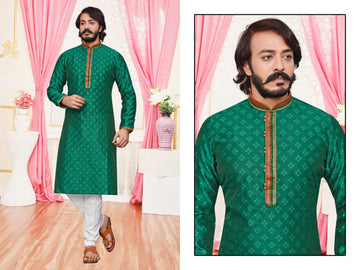 Green Silk Mens Kurta Pajama Indian Wedding Party Wear Embroidery Kurtas