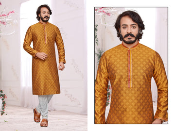 Yellow Silk Mens Kurta Pajama Indian Wedding Party Wear Embroidery Kurtas