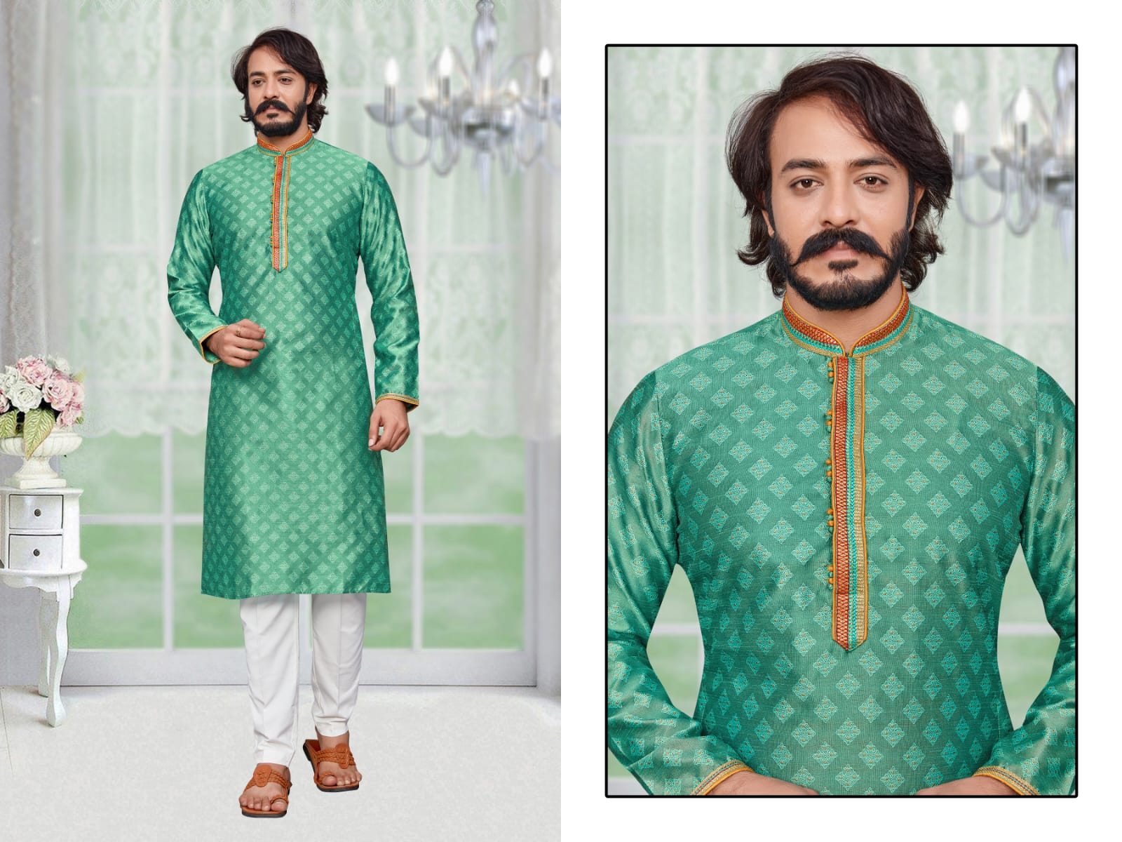 Light Green Silk Mens Kurta Pajama Indian Wedding Party Wear Embroidery Kurtas