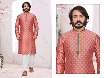 Peach Silk Mens Kurta Pajama Indian Wedding Party Wear Embroidery Kurtas