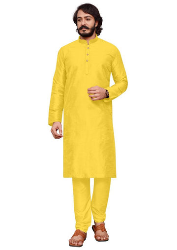 Yellow Silk Mens Kurta Pajama Indian Wedding Party Wear Embroidery Kurtas