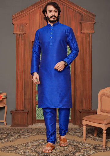 Blue Silk Mens Kurta Pajama Indian Wedding Party Wear Embroidery Kurtas