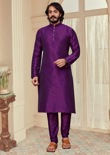 Purple Silk Mens Kurta Pajama Indian Wedding Party Wear Embroidery Kurtas