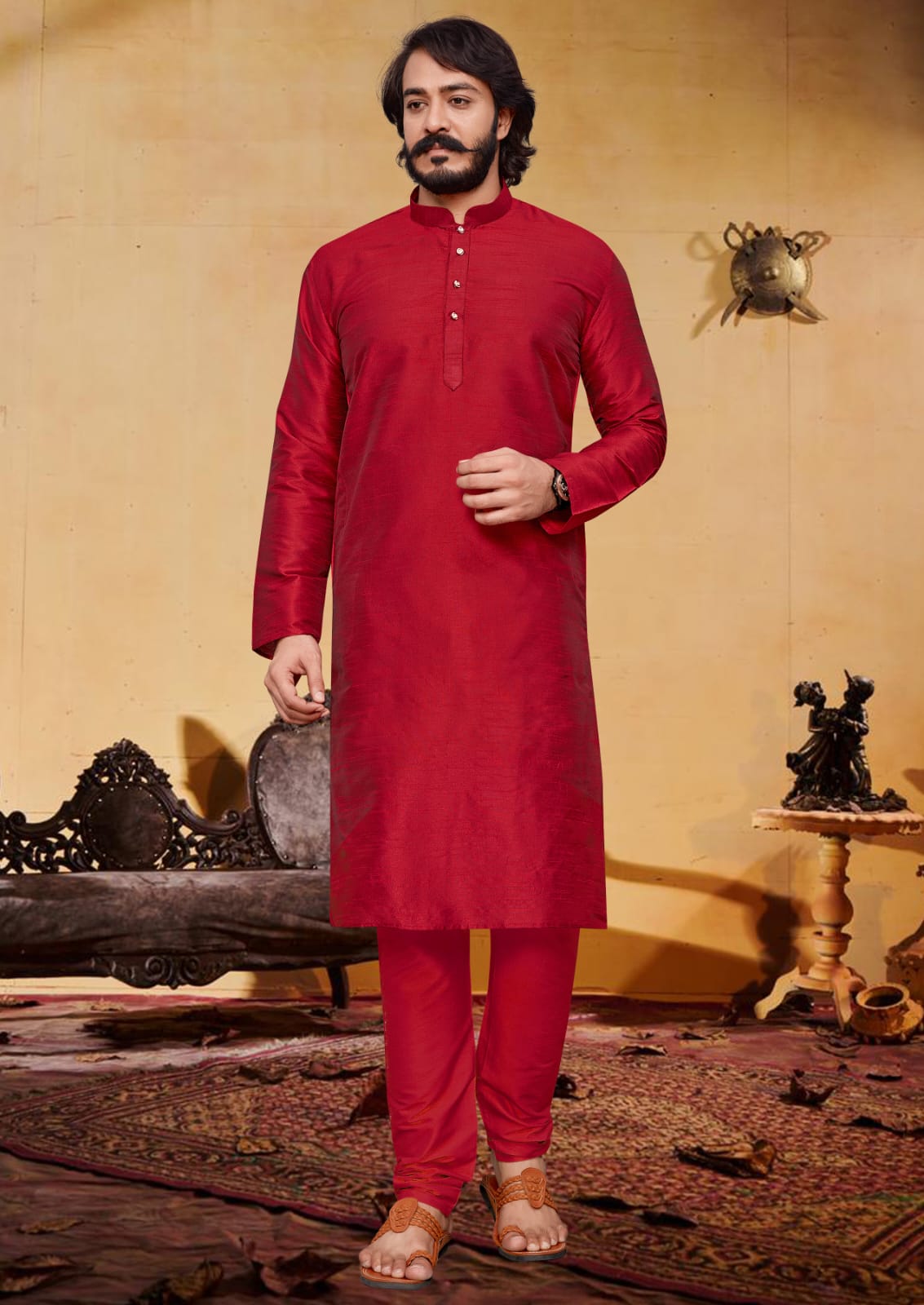 Red Silk Mens Kurta Pajama Indian Wedding Party Wear Embroidery Kurtas