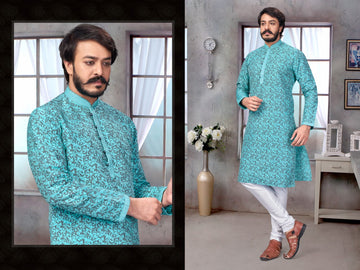 Sky Blue Silk Mens Kurta Pajama Indian Wedding Party Wear Embroidery Kurtas