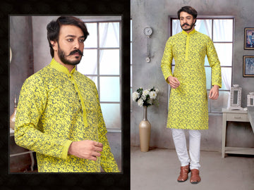 Yellow Silk Mens Kurta Pajama Indian Wedding Party Wear Embroidery Kurtas