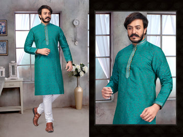 Green Silk Mens Kurta Pajama Indian Wedding Party Wear Embroidery Kurtas