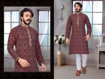 Coffee Silk Mens Kurta Pajama Indian Wedding Party Wear Embroidery Kurtas