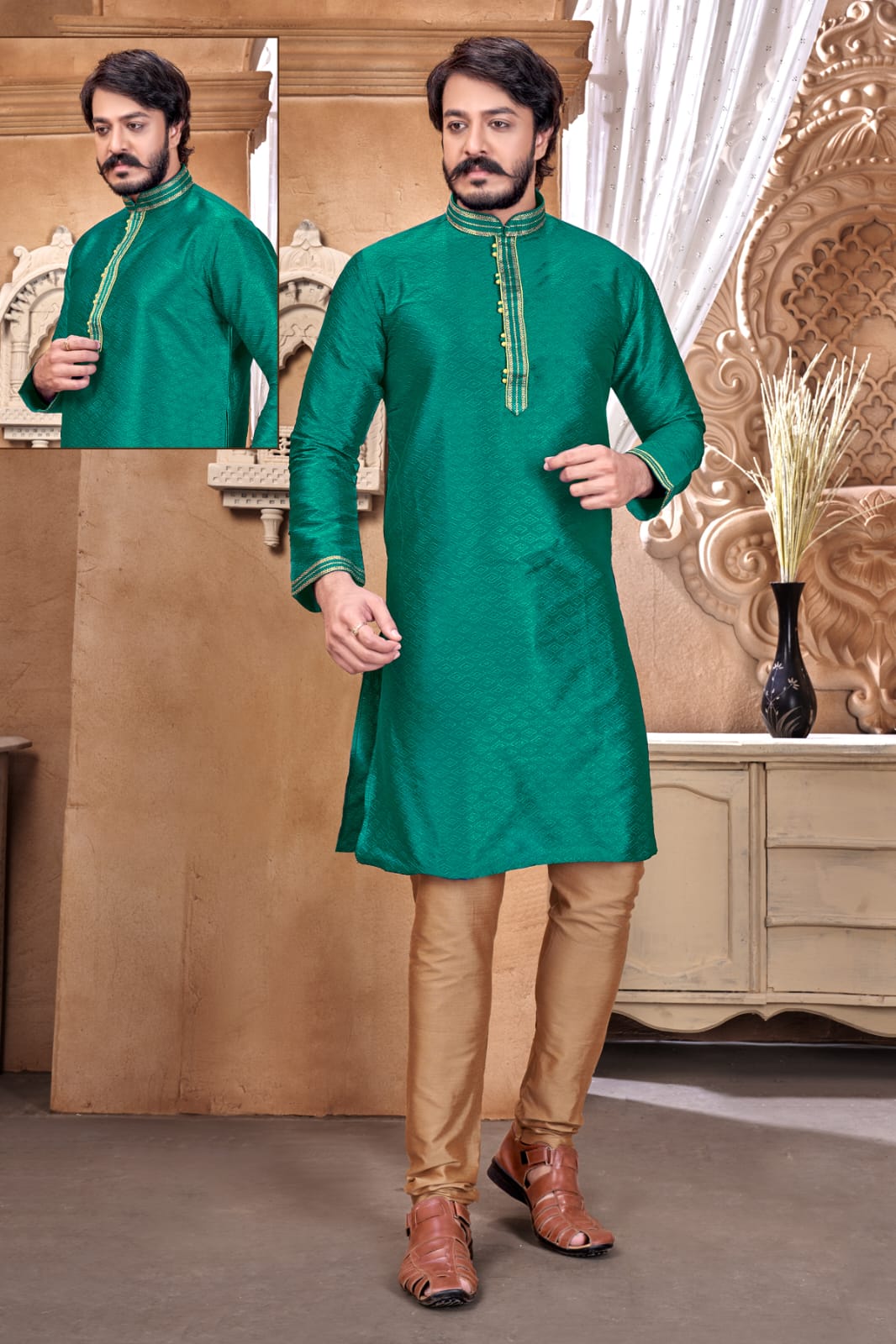 Green Silk Mens Kurta Pajama Indian Wedding Party Wear Embroidery Kurtas