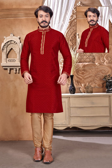 Red  Silk Mens Kurta Pajama Indian Wedding Party Wear Embroidery Kurtas