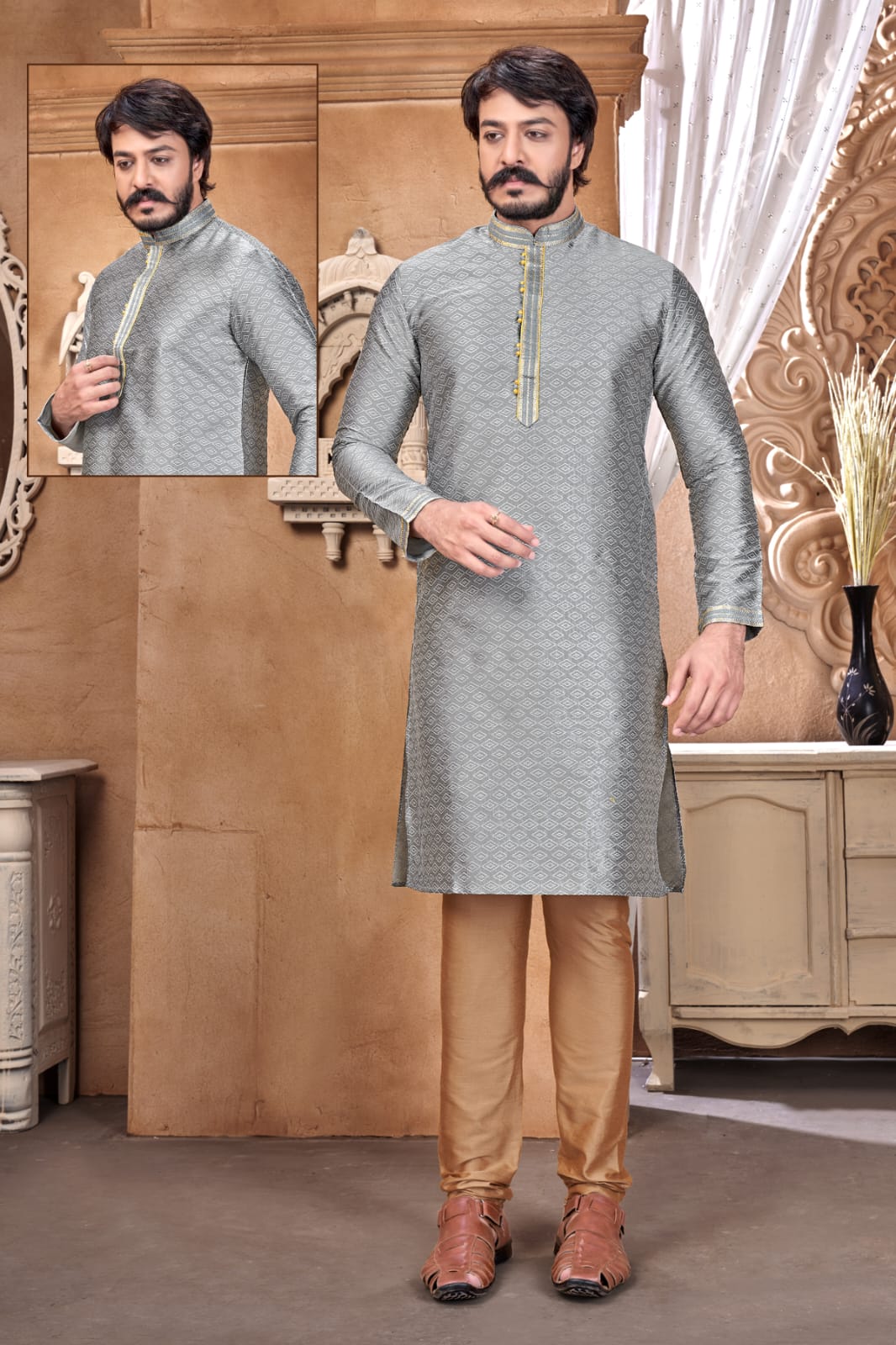 Light Grey Silk Mens Kurta Pajama Indian Wedding Party Wear Embroidery Kurtas