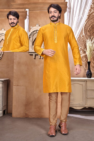 Yellow Silk Mens Kurta Pajama Indian Wedding Party Wear Embroidery Kurtas