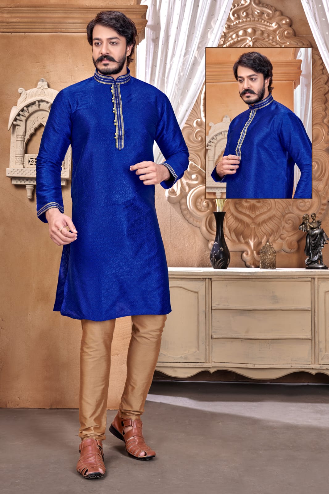 Blue Silk Mens Kurta Pajama Indian Wedding Party Wear Embroidery Kurtas