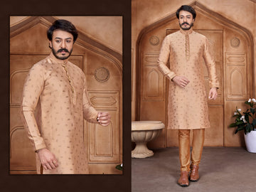 Beige Silk Mens Kurta Pajama Indian Wedding Party Wear Embroidery Kurtas