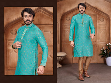 Sky Blue Silk Mens Kurta Pajama Indian Wedding Party Wear Embroidery Kurtas