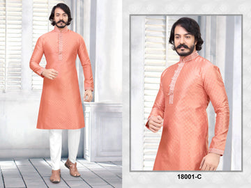 Orange Silk Mens Kurta Pajama Indian Wedding Party Wear Embroidery Kurtas