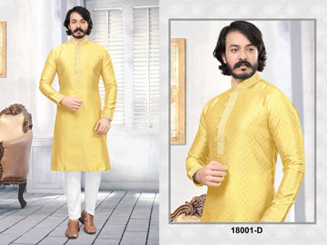 Yellow Silk Mens Kurta Pajama Indian Wedding Party Wear Embroidery Kurtas