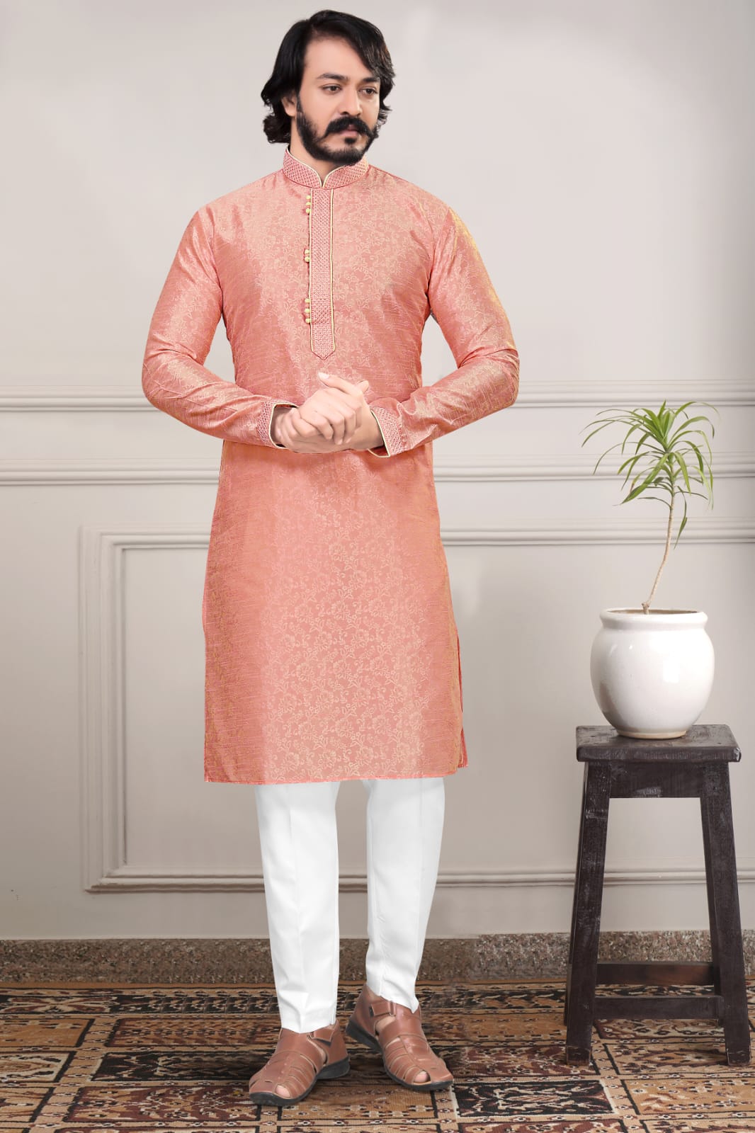 Peach  Silk Mens Kurta Pajama Indian Wedding Party Wear Embroidery Kurtas