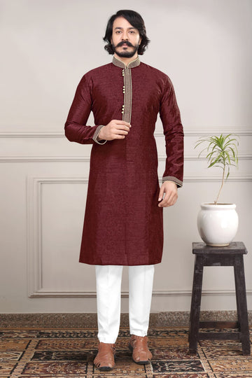 Coffee Silk Mens Kurta Pajama Indian Wedding Party Wear Embroidery Kurtas