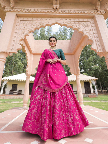 Designer Pink  to magenta  color lehenga choli with Weaving work with dyeing  wedding party wear lehenga choli with dupatta