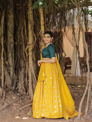 Designer Yellow and Green to magenta  color lehenga choli with Weaving work with dyeing  wedding party wear lehenga choli with dupatta