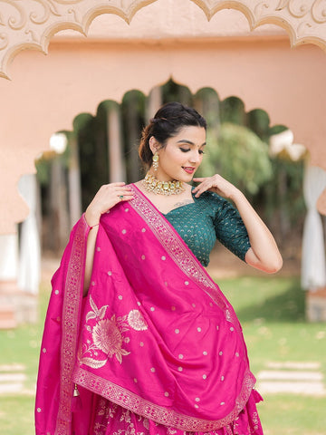 Designer Pink  to magenta  color lehenga choli with Weaving work with dyeing  wedding party wear lehenga choli with dupatta