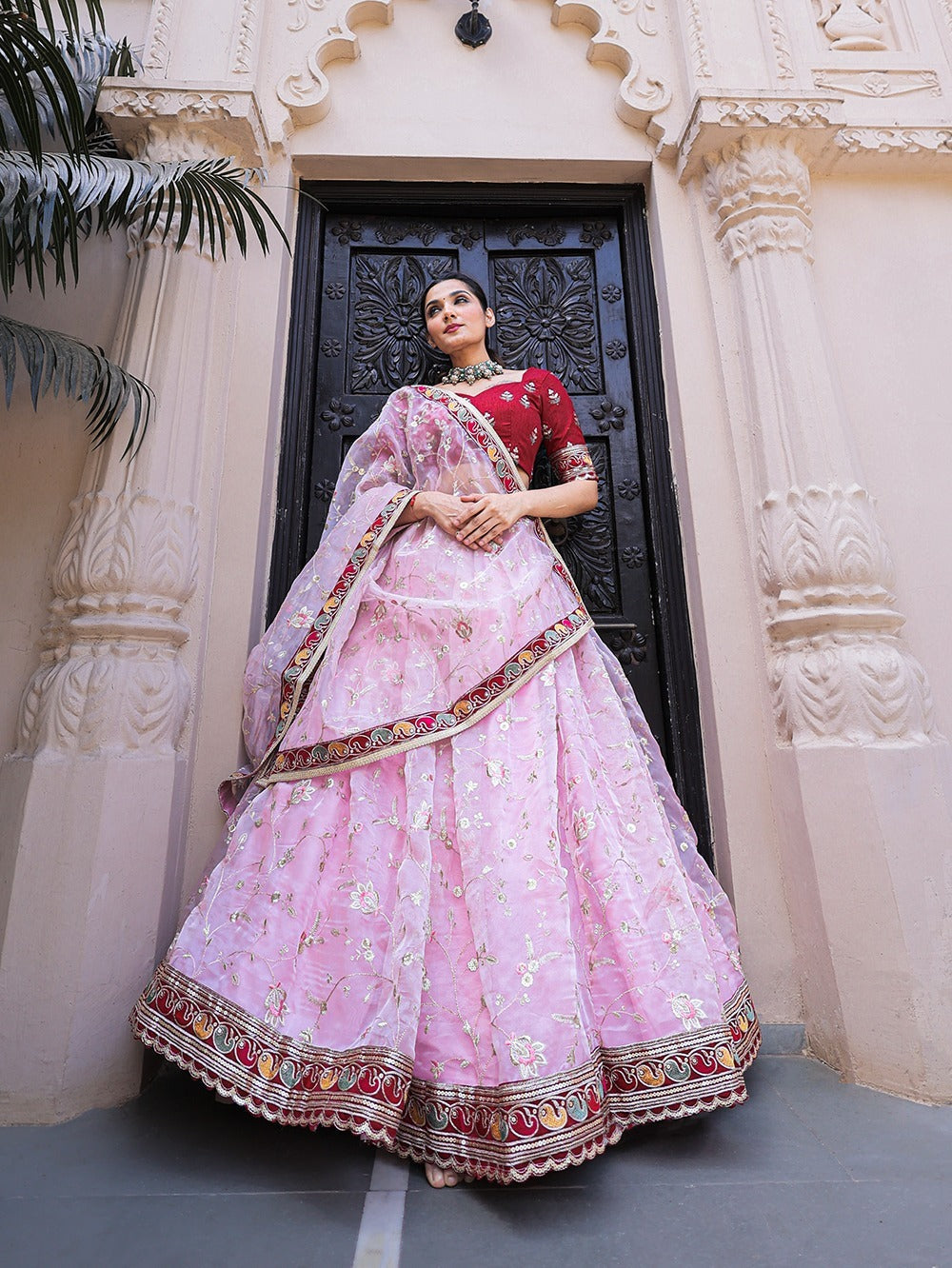 Designer Pink to magenta  color lehenga choli with Weaving work with dyeing  wedding party wear lehenga choli with dupatta