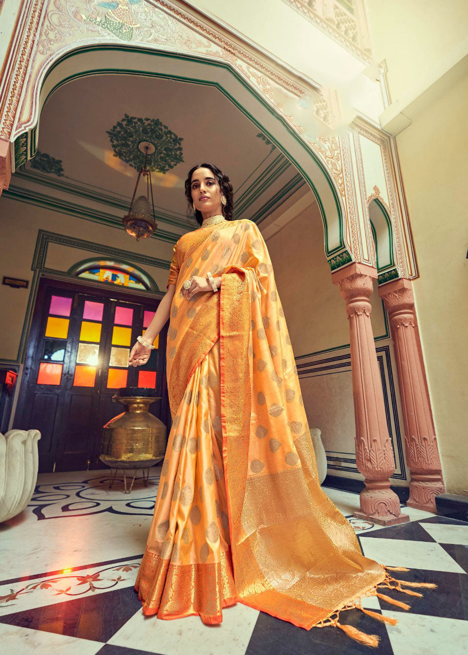 Yellow Soft Tusser Weaving  saree for women wedding  wear party wear designer sarees