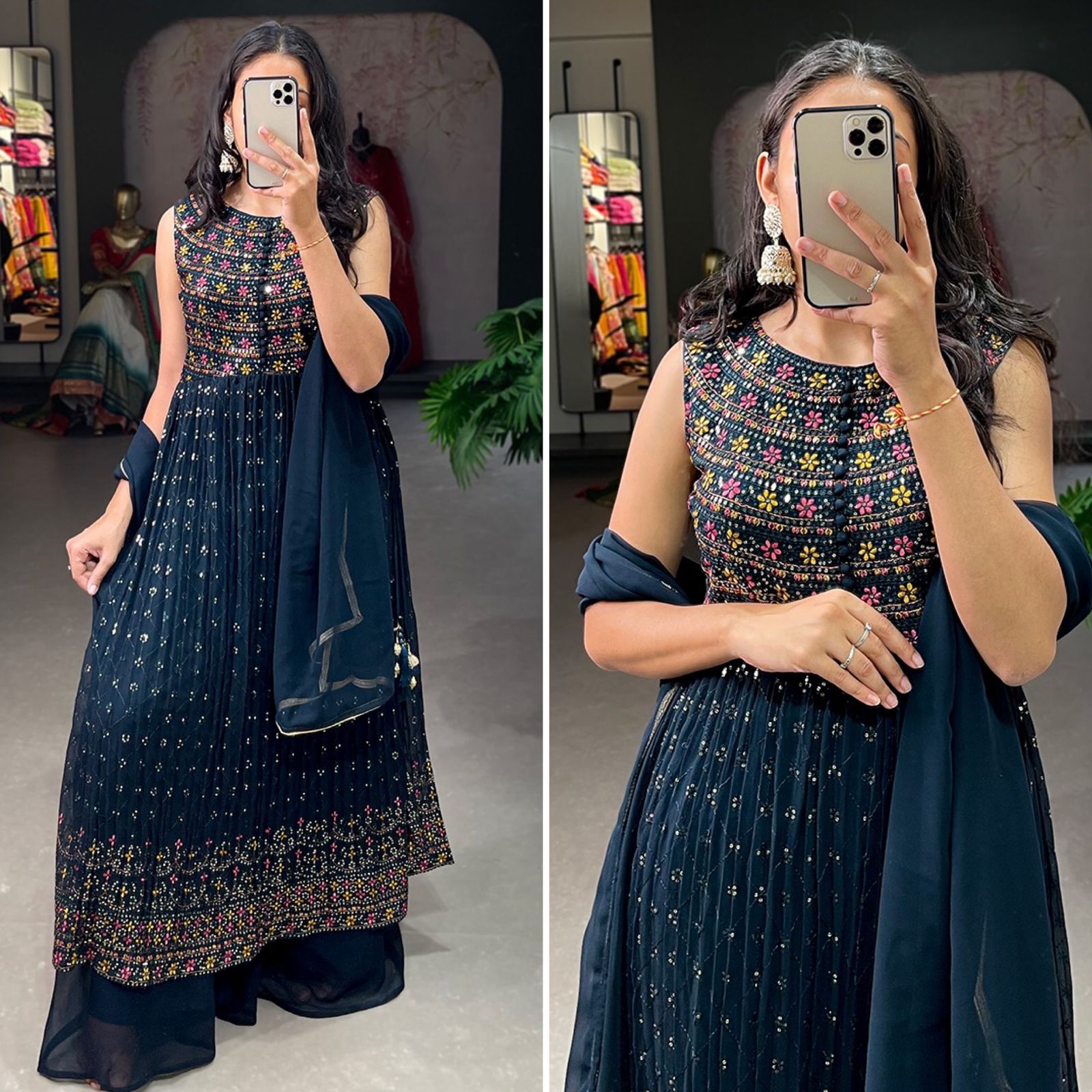 Blue   Georgette with Sequins and Thread Embroidery Work With Tassels  Designer Kurti For Women