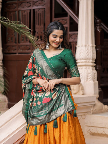 Designer  Yellow and Green color lehenga choli with  Printed with foil work wedding party wear lehenga choli with dupatta