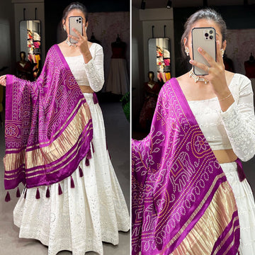 White Thread & Sequins Embroidery Work  lehenga choli with  Gaji silk(Bandhej print)  dupatta