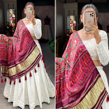 White Thread & Sequins Embroidery Work  lehenga choli with  Gaji silk(Patola Print)  dupatta