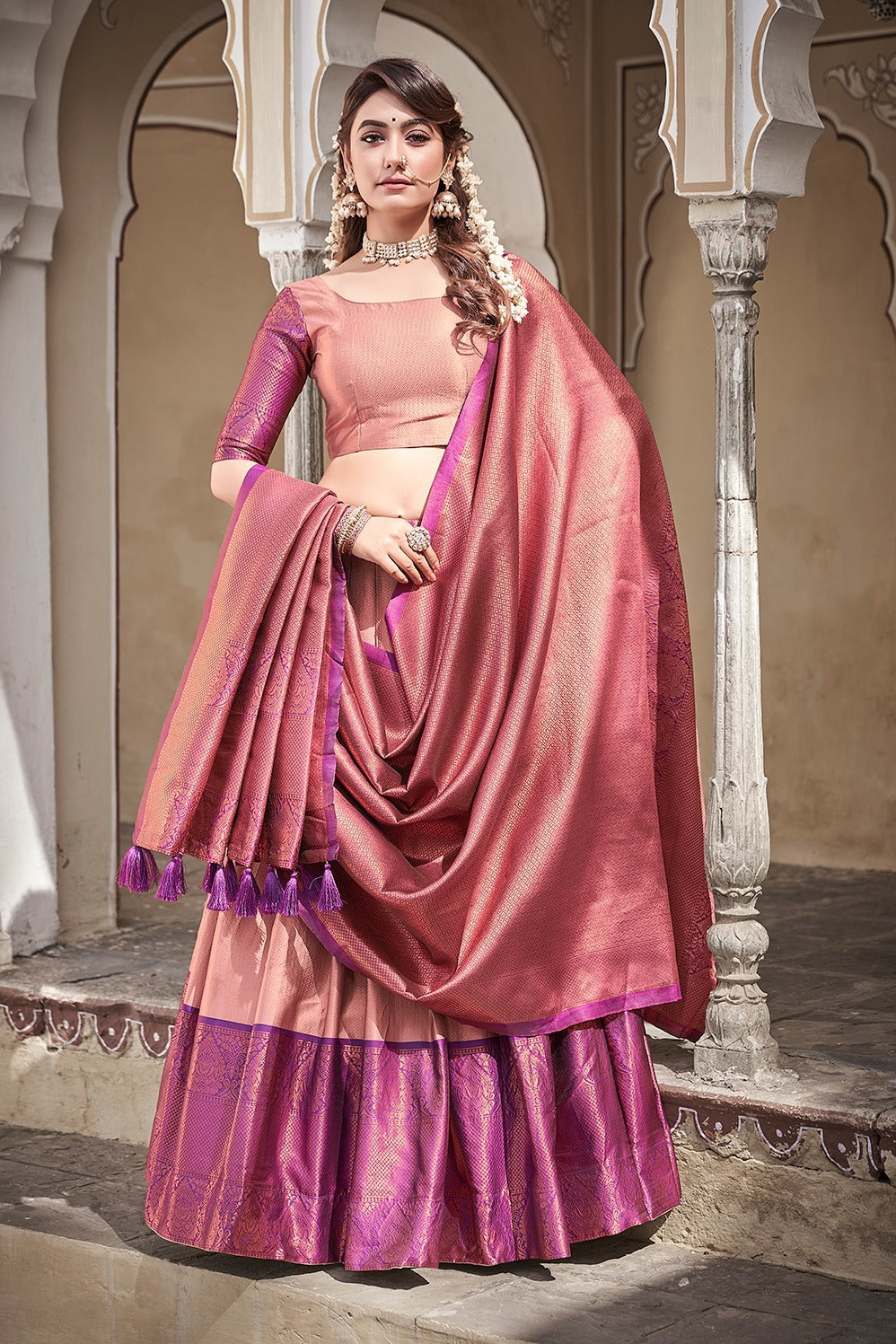 Peach Zari Weaving Work   lehenga choli with  silk  dupatta