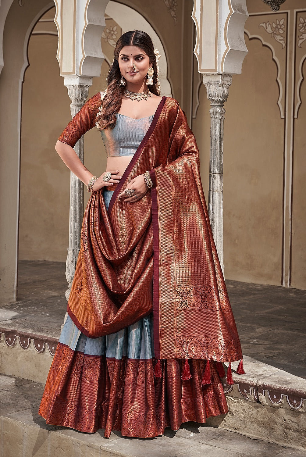 Grey  Zari Weaving Work   lehenga choli with  silk  dupatta