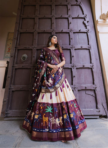 Coffee Printed with foil work   lehenga choli with Dola  silk  dupatta