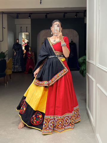 Red and Yellow gamthi and mirror work   lehenga choli with Pure Cotton dupatta