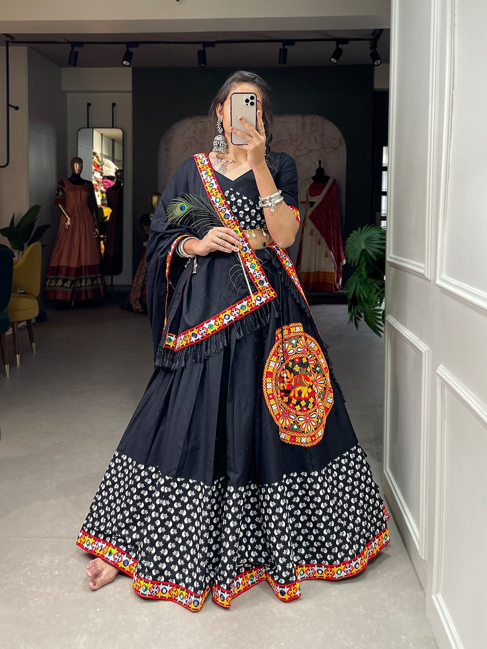 Black  Gamthi and mirror  Work lace Border   lehenga choli with Pure Cotton dupatta