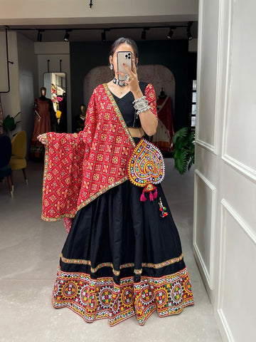 Black  Gamthi Work with Mirror Work lehenga choli with Pure Cotton dupatta