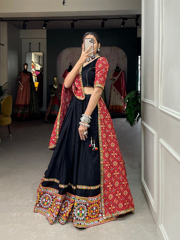 Black  Gamthi Work with Mirror Work lehenga choli with Pure Cotton dupatta